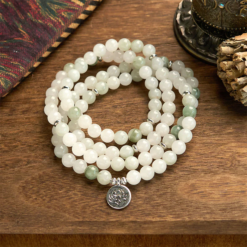 Mocoer 108 Mala Beads Natural Tianshan Jade Lotus Luck Bracelet - Mocoer