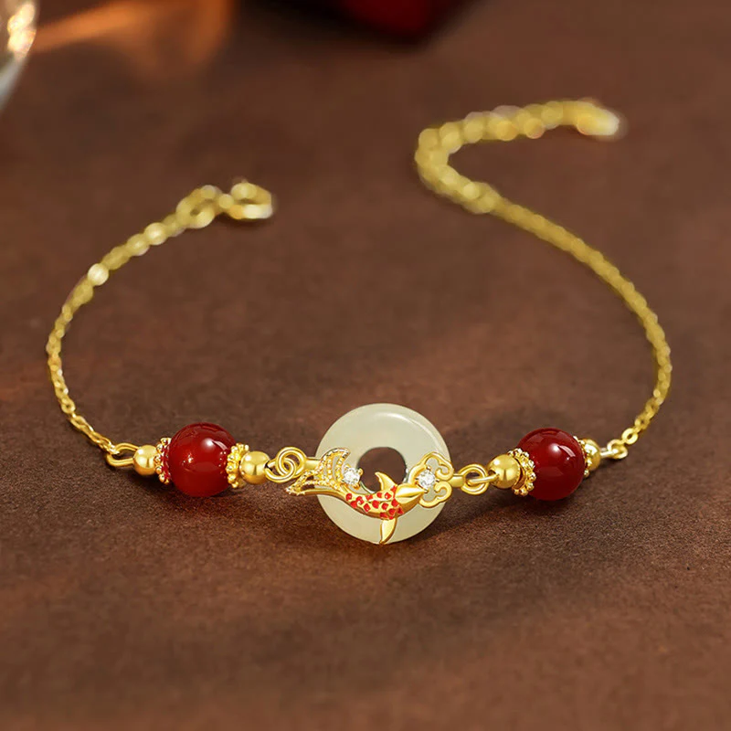 Mocoer Natural Hetian Jade 925 Sterling Silver Plated Gold Red Agate Beads Koi Fish Peace Buckle Luck Bracelet - Mocoer