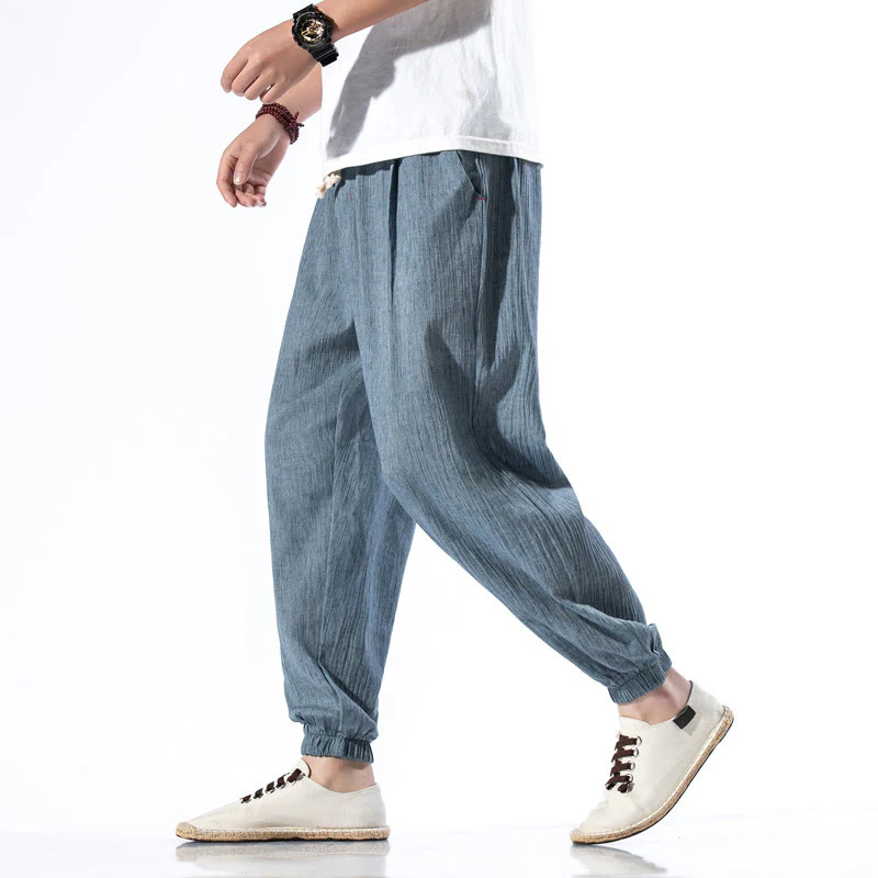 Mocoer Casual Solid Color Drawstring Linen Men's Pants With Pockets - Mocoer