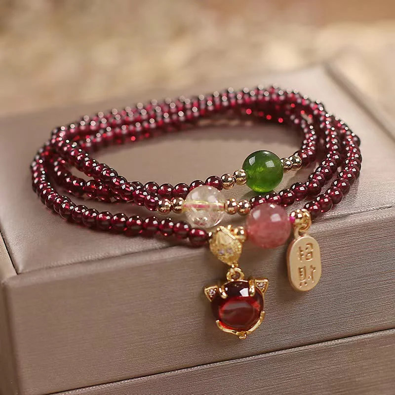 Mocoer Natural Garnet Strawberry Quartz Crystal Fox Koi Fish Peace Buckle Fortune Protection Triple Wrap Bracelet - Mocoer