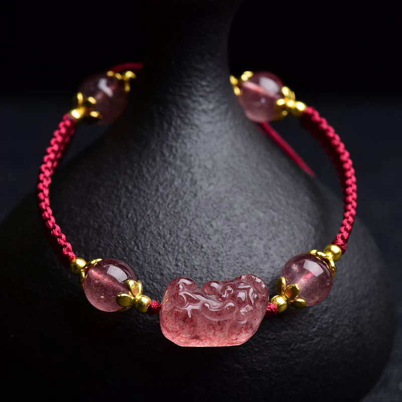 Mocoer Natural Strawberry Crystal Pixiu Charm Lucky Red String Bracelet - Mocoer