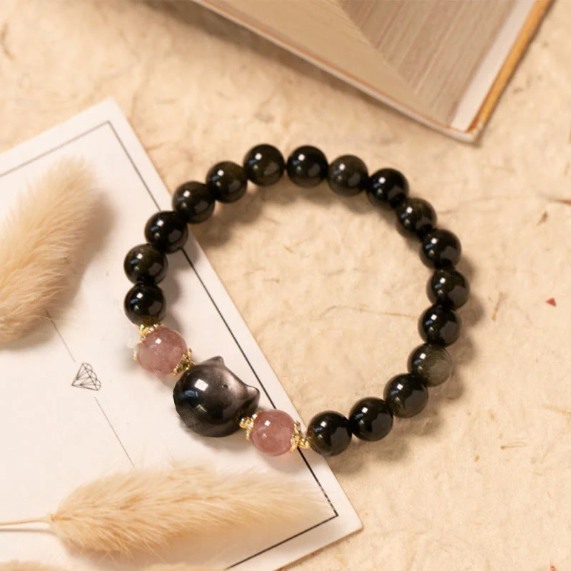 Mocoer Black Obsidian Strawberry Quartz Beads Silver Sheen Obsidian Cat Head Strength Bracelet - Mocoer