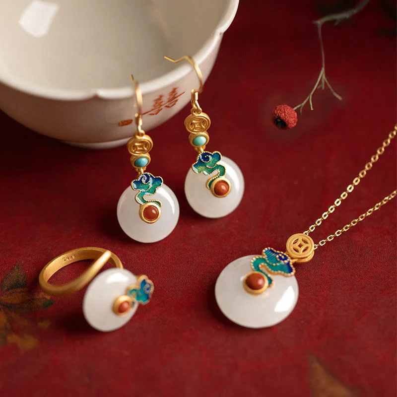 Mocoer Jade Copper Coins Auspicious Clouds Prosperity Necklace Pendant Bracelet Ring Earrings - Mocoer
