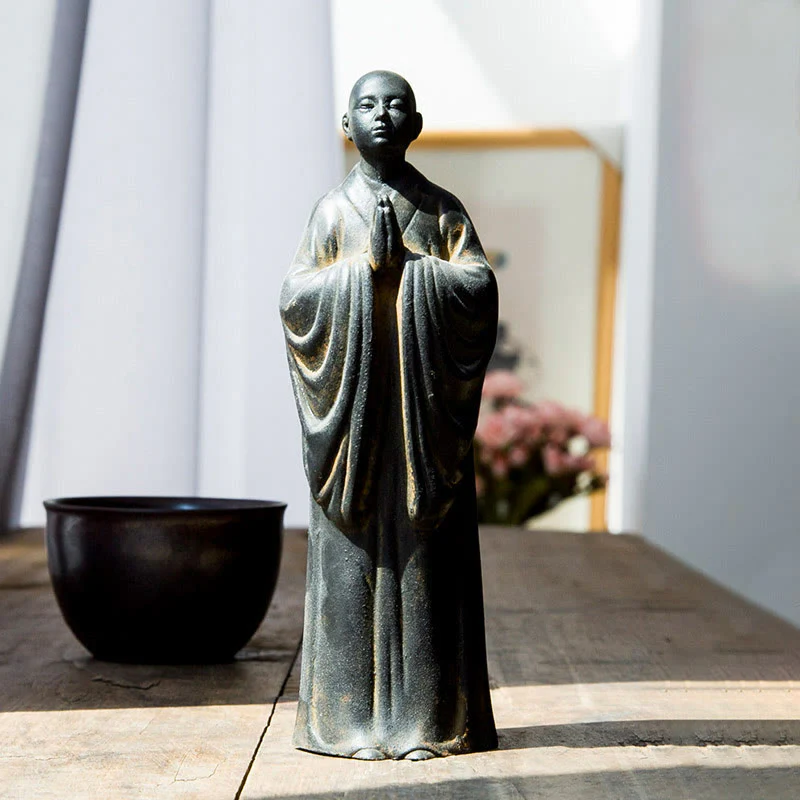Mocoer Meditating Praying Monk Iron Powder Rust Cast Resin Statue Home Decoration - Mocoer