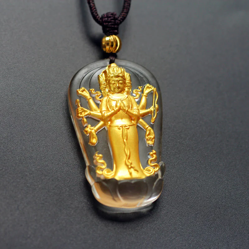 Mocoer Tibetan Eight-armed Avalokitesvara Guanyin Buddha Gold Plated Liuli Crystal Wealth Necklace Pendant - Mocoer