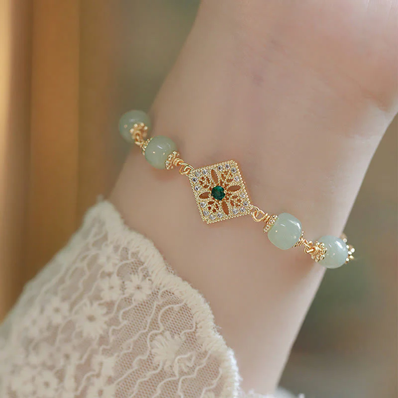 Mocoer Natural Hetian Jade Bead Square Pattern Luck Chain Bracelet - Mocoer