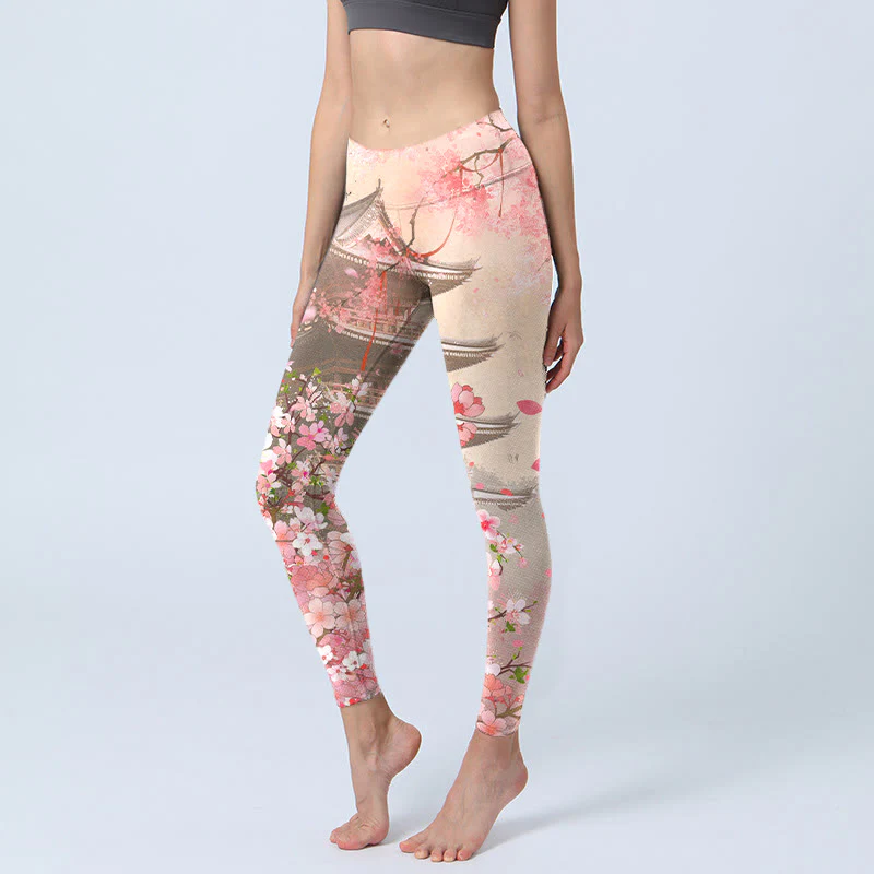 Mocoer Pink Sakura Antique Building Print Fitness Leggings Women's Yoga Pants - Mocoer