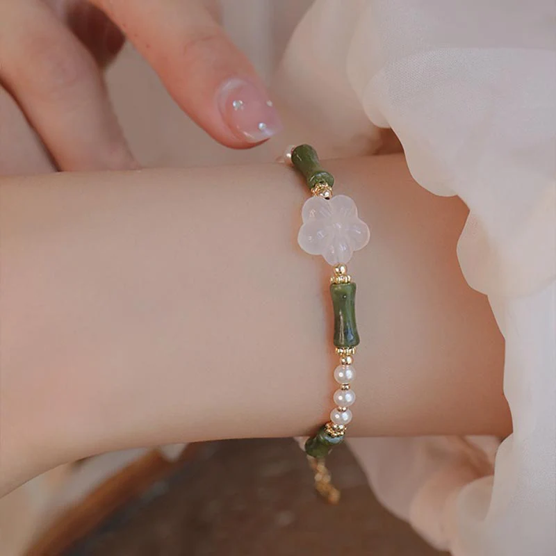 Mocoer Peridot Bamboo Flower Agate Pearl Peace Bracelet - Mocoer