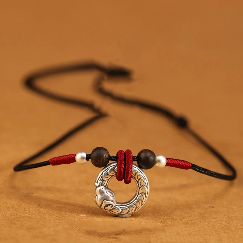 Mocoer 999 Sterling Silver Year of the Snake Round Circle Agarwood Protection Necklace Pendant - Mocoer