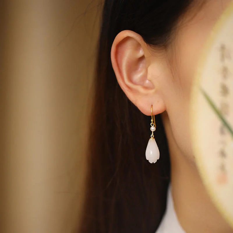 Mocoer 925 Sterling Silver White Jade Magnolia Flower Happiness Drop Earrings - Mocoer