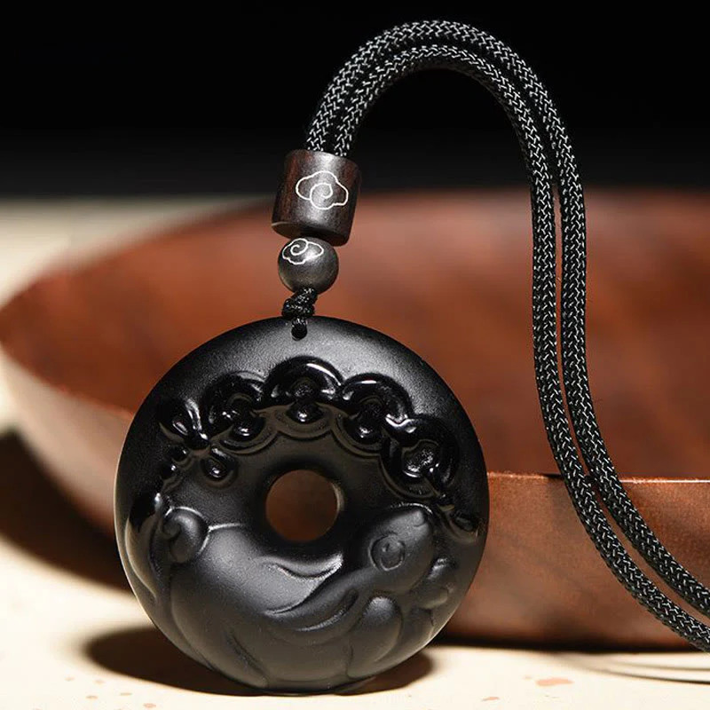 Mocoer Chinese Zodiac Natural Black Obsidian Peace Buckle Strength Necklace Pendant - Mocoer