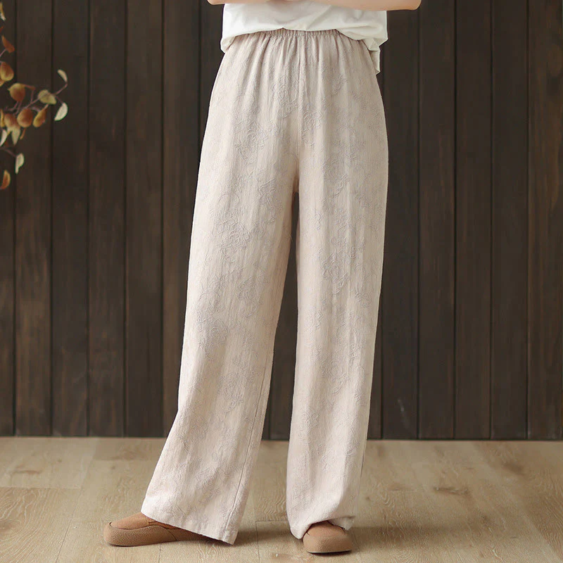 Mocoer Casual Loose Jacquard Women's Cotton Linen Wide Leg Pants With Pockets - Mocoer