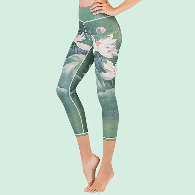 Mocoer Lotus Cherry Blossom Gradient Peacock Print Lycra Fabric Sports Cropped Leggings Women's Yoga Capri Pants - Mocoer