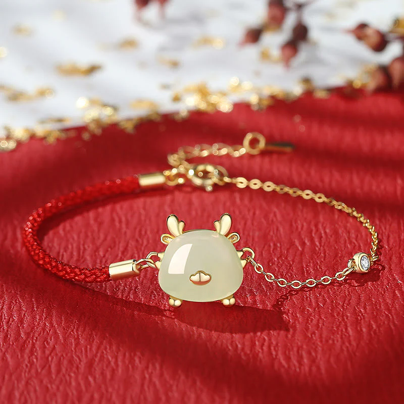 Mocoer 925 Sterling Silver Year of the Dragon Natural Hetian Jade Red Agate Cute Dragon Protection Success Bracelet Necklace Pendant Earrings - Mocoer
