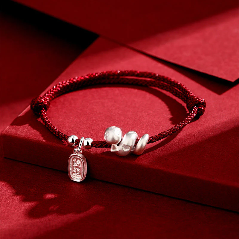 Mocoer Handmade 999 Sterling Silver Year Of The Snake Lucky Fortune Red String Happiness Braided Bracelet - Mocoer