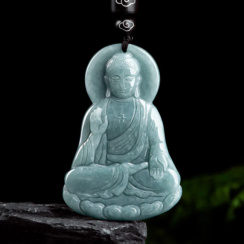 Mocoer Amitabha Buddha Natural Jade Lotus Amulet Compassion String Necklace Pendant - Mocoer