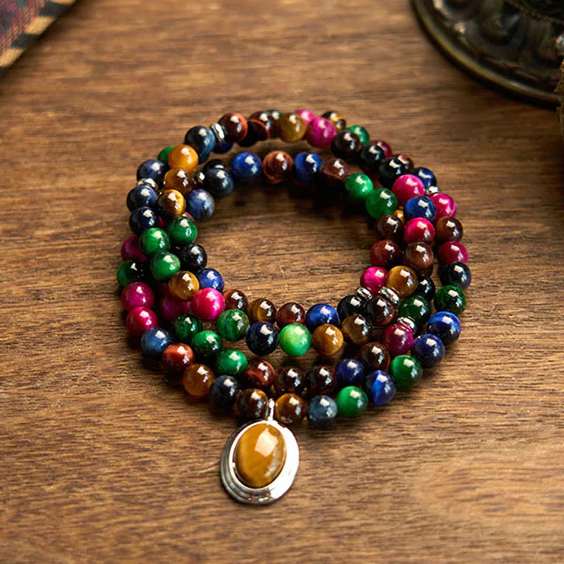 Mocoer 108 Mala Beads Natural Colorful Tiger Eye Stone Multi-turn Protection Bracelet - Mocoer