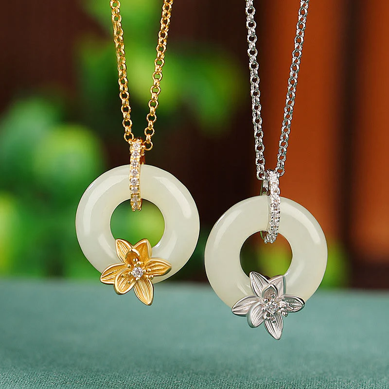 Mocoer 925 Sterling Silver Hetian Jade Peace Buckle Flower Luck Necklace Pendant - Mocoer