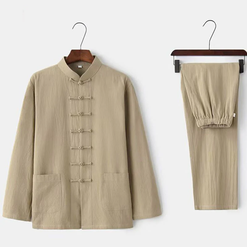 Mocoer 2Pcs Tang Suit Traditional Frog-Button Uniform Long Sleeve Shirt Pants Men's Set - Mocoer