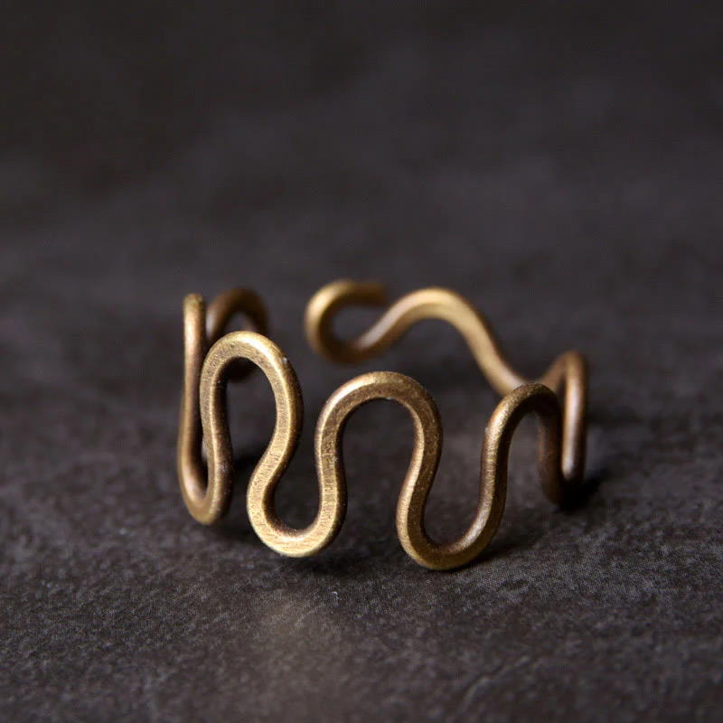 Mocoer Simple Curved Brass Design Copper Luck Wealth Adjustable Ring - Mocoer