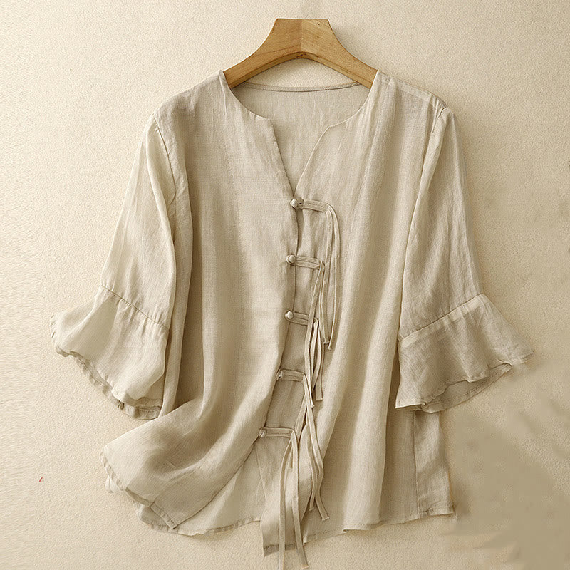 Mocoer Casual Women's V-Neck Design Half Bell Sleeve Cotton Linen Cardigan Shirt - Mocoer