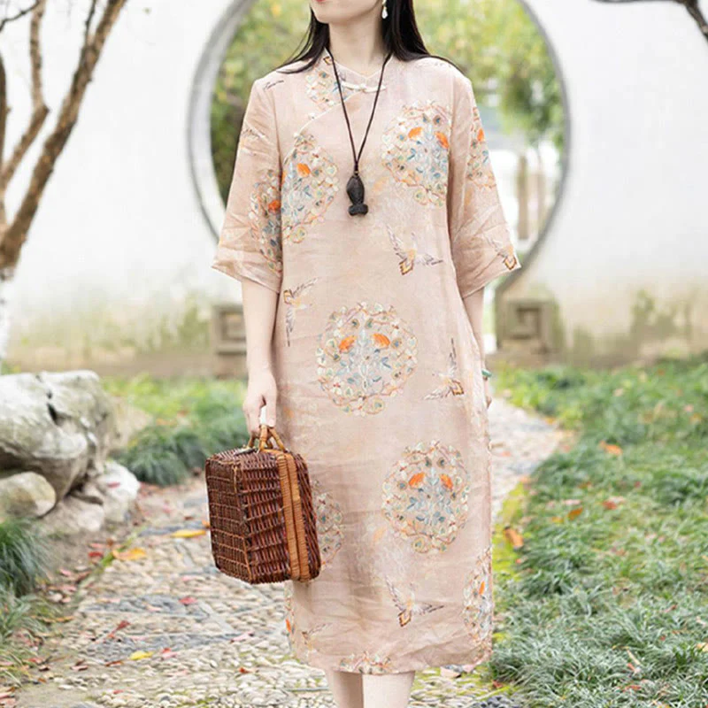 Mocoer Orange Flower Bird Print Cheongsam Midi Dress Cotton Linen Half Sleeve Dress With Pockets - Mocoer