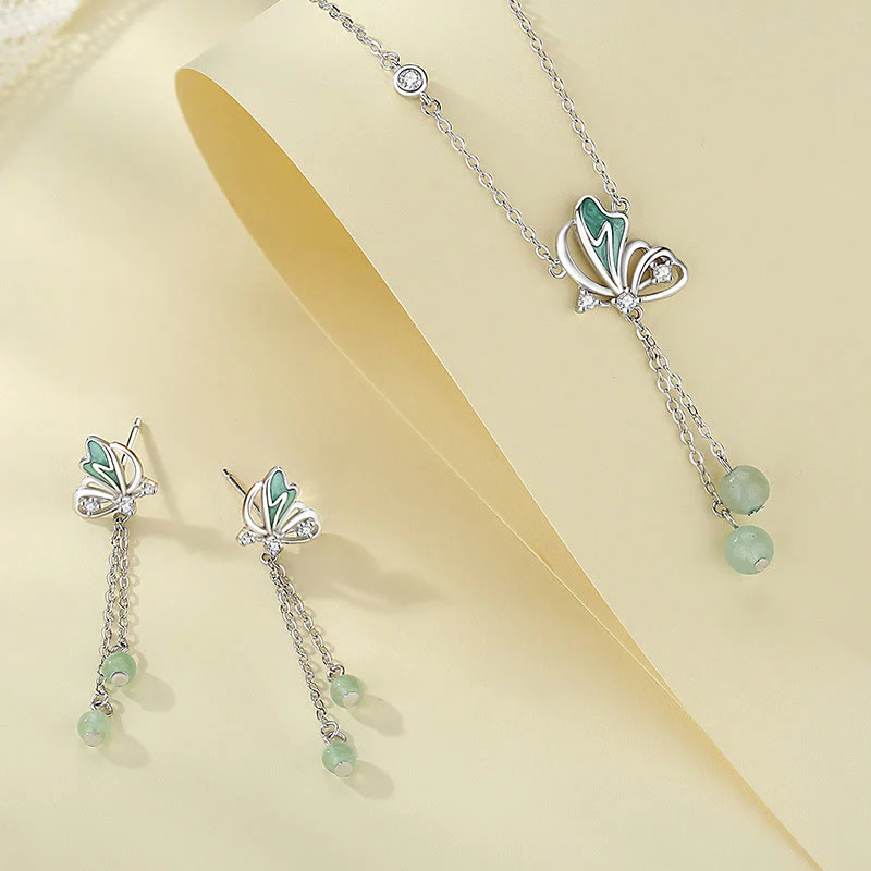 Mocoer 925 Sterling Silver Natural Green Aventurine Butterfly Luck Necklace Pendant Earrings Set - Mocoer