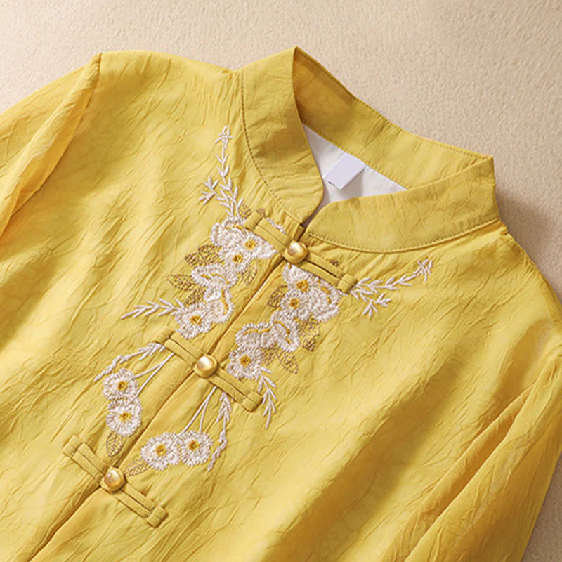 Mocoer Women's Flower Embroidery Frog-Button Shirt Dress Wide Leg Pants - Mocoer