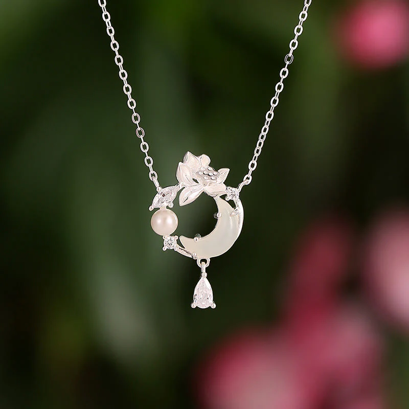 Mocoer Hetian Jade 925 Sterling Silver Cubic Zirconia Pearl Necklace Pendant - Mocoer