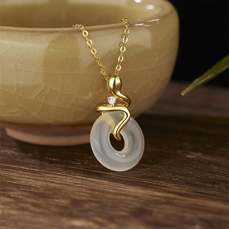 Mocoer 925 Sterling Silver Year Of The Snake Chalcedony Peace Buckle Positive Necklace Pendant - Mocoer