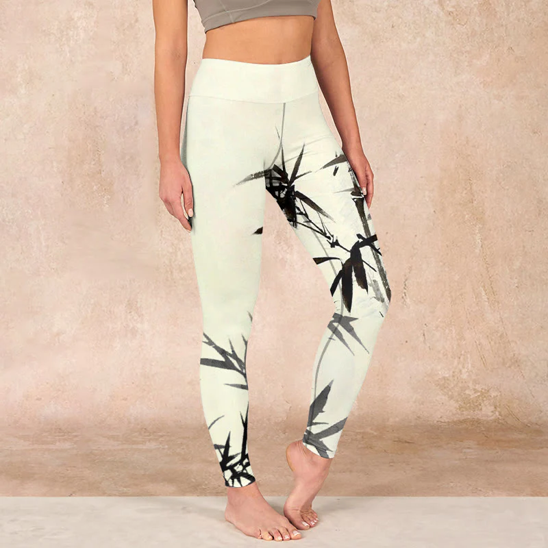 Mocoer Ink Painting Bamboo Leaves Print Sports Leggings Women's Yoga Pants - Mocoer