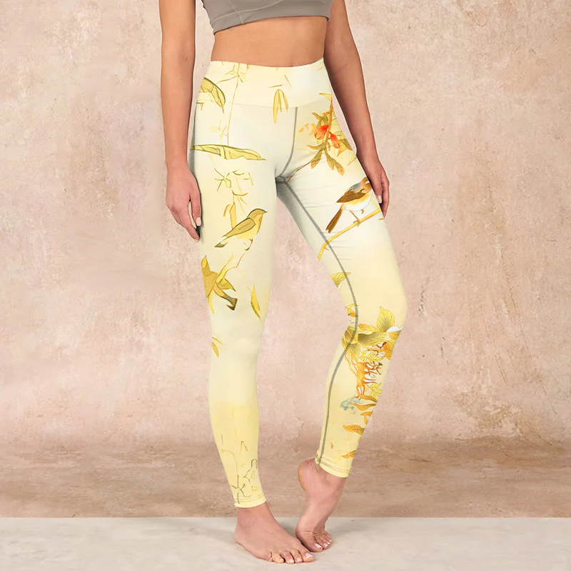 Mocoer Light Yellow Peony Flowers Birds Print Sports Leggings Women's Yoga Pants - Mocoer