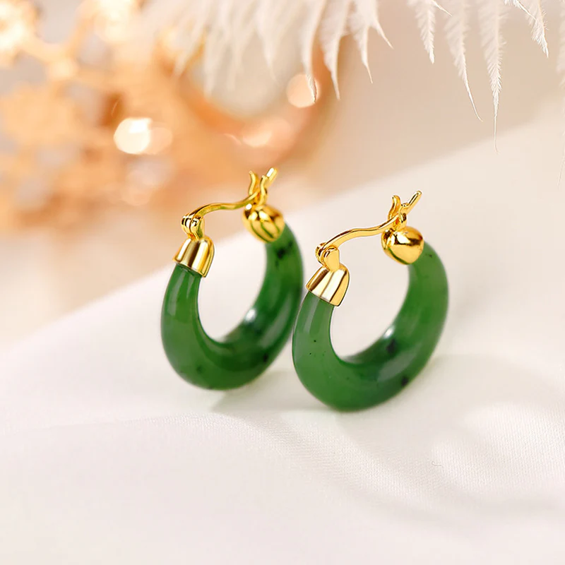 Mocoer 925 Sterling Silver Plated Gold Natural Round Hetian Cyan Jade Luck Drop Earrings - Mocoer