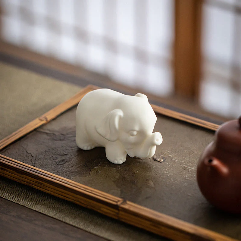 Mocoer Small Elephant Statue White Porcelain Ceramic Strength Home Desk Decoration - Mocoer