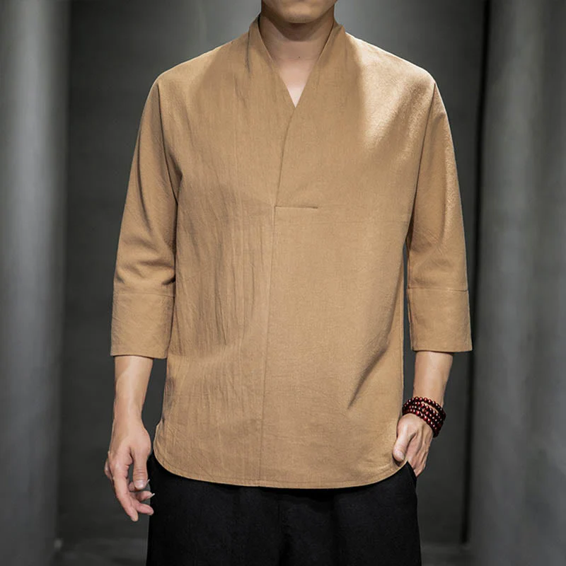 Mocoer Casual V-Neck Three Quarter Sleeve Shirt Cotton Linen Men Clothing - Mocoer