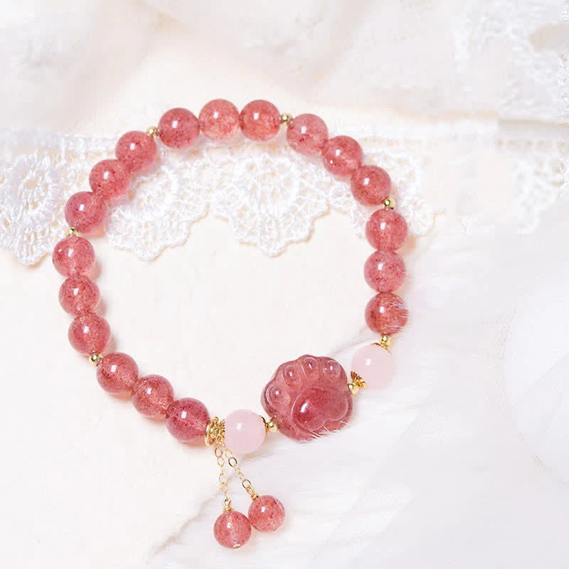 Mocoer Natural Strawberry Quartz Pink Crystal Lucky Cat Paw Love Bracelet - Mocoer