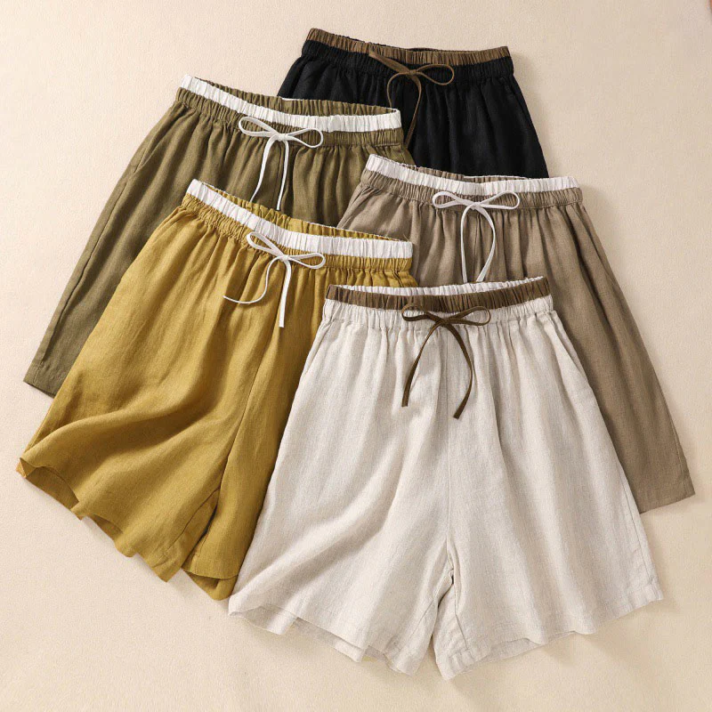 Mocoer Solid Color Contrast Color Waist Lace-up Cotton Linen Women's Shorts With Pockets - Mocoer