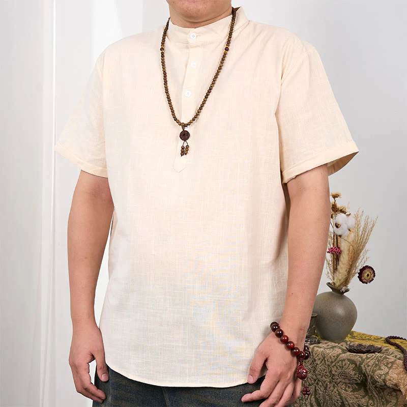 Mocoer Men's Plain Color Short Sleeve Half Button Cotton Linen Shirt - Mocoer