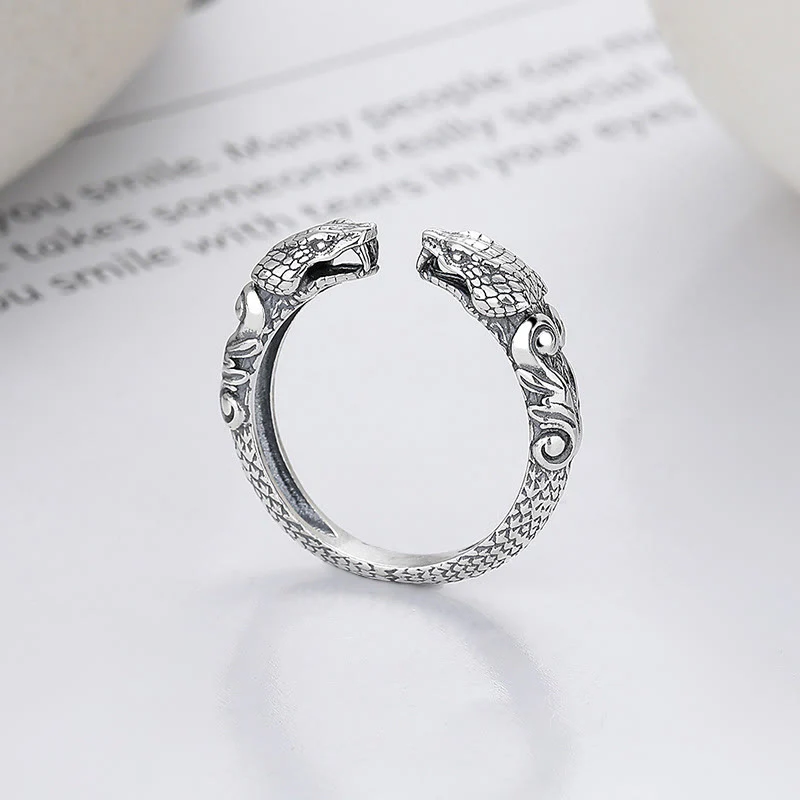 Mocoer 925 Sterling Silver Year Of The Snake Calm Adjustable Two-headed Snake Open Ring - Mocoer