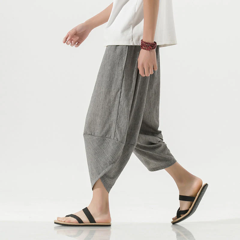 Mocoer Plain Simple Design Drawstring 7-8 Length Linen Men's Harem Pants With Pockets - Mocoer
