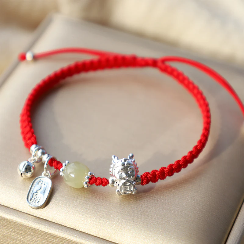 Mocoer Handmade Year Of The Dragon 999 Sterling Silver Hetian Jade Copper Coin Peace And Joy Protection Bracelet - Mocoer