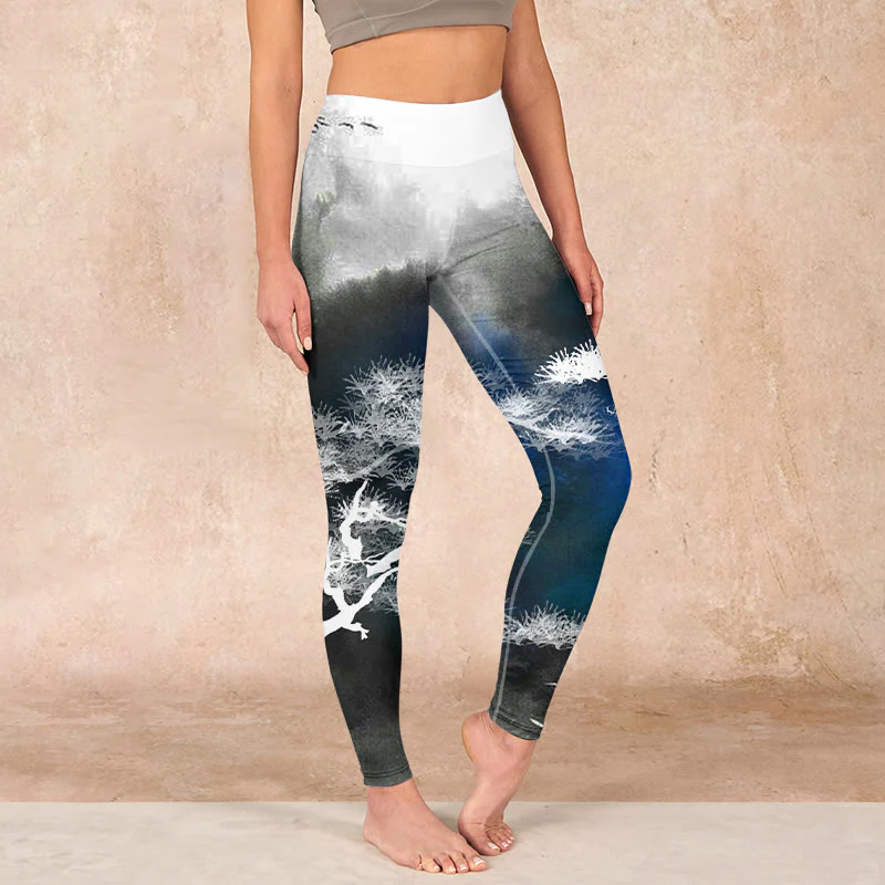Mocoer Ink Painting Pine Tree Print Gym Leggings Women's Yoga Pants - Mocoer
