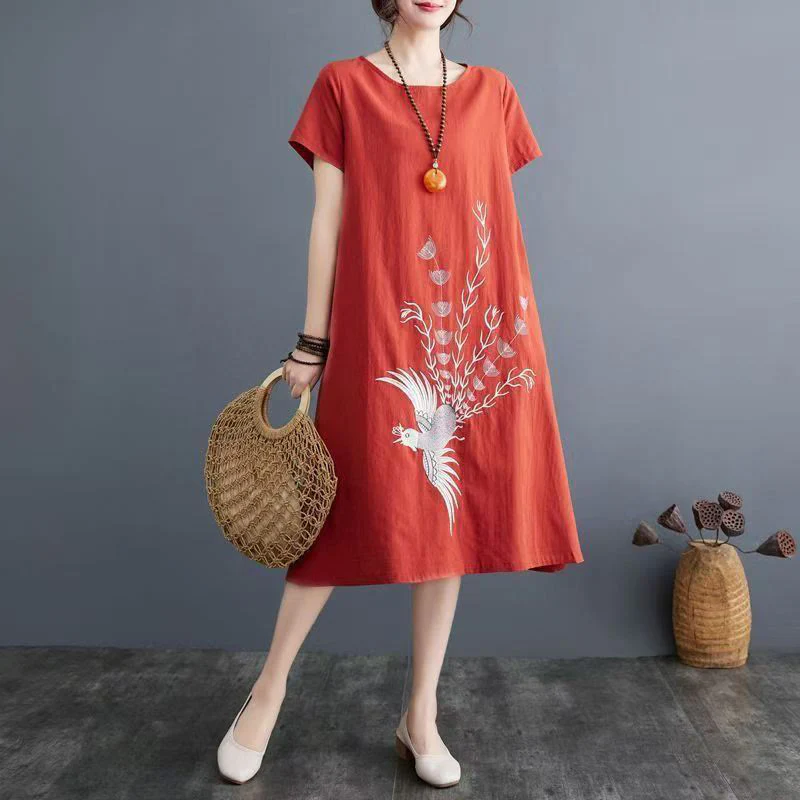 Mocoer Vintage Summer Printing Short Sleeve Cotton Linen Midi Dress - Mocoer