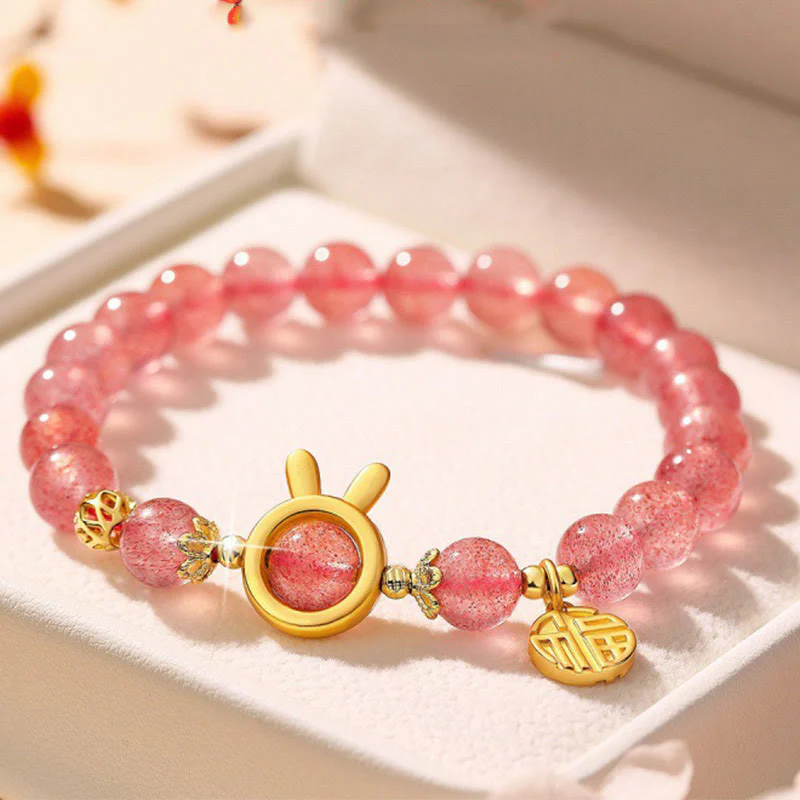 Mocoer Natural Strawberry Quartz Rabbit Fu Character Charm Love Bracelet - Mocoer