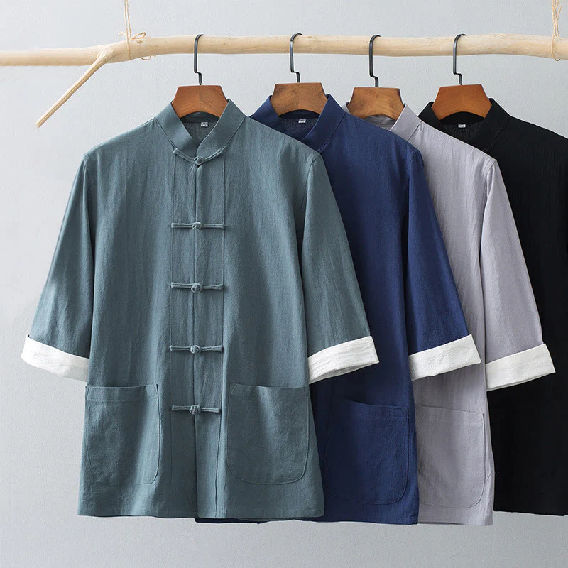 Mocoer Frog-Button Chinese Tang Suit Half Sleeve Shirt Cotton Men Clothing With Pockets - Mocoer