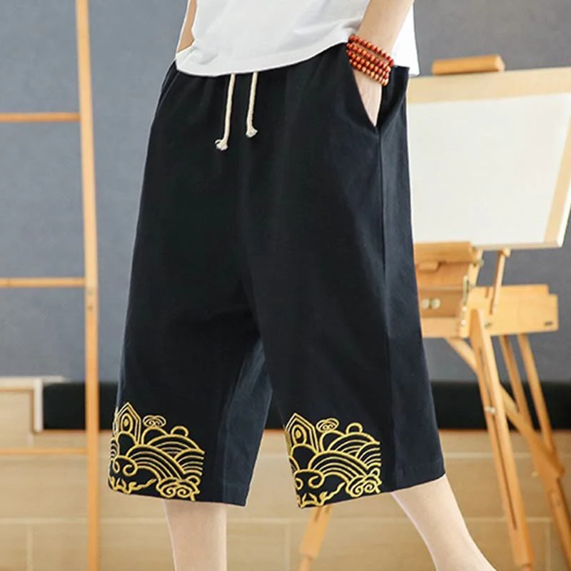 Mocoer Spring Casual Embroidery Drawstring Men's 7-8 Length Cotton Linen Harem Pants With Pockets - Mocoer
