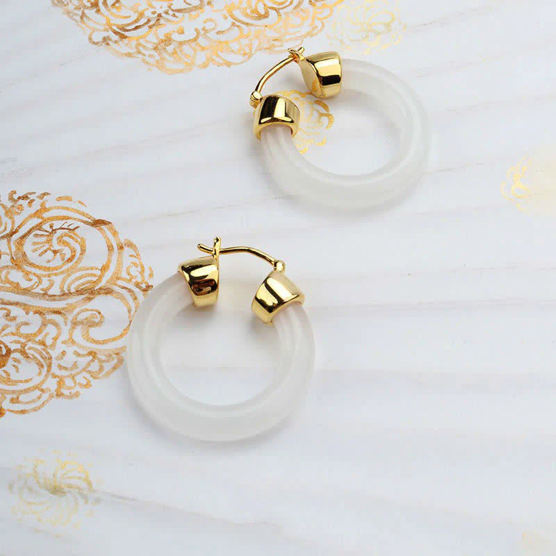 Mocoer Round Jade White Jade Prosperity Earrings - Mocoer
