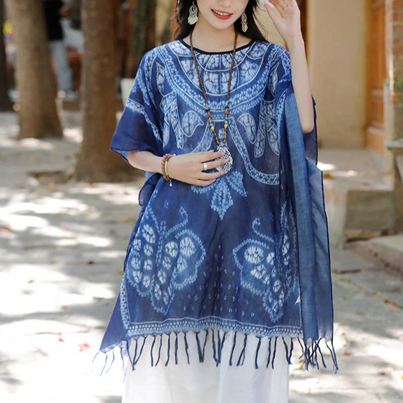 Mocoer Blue Butterfly Indigo Dyeing Shawl Tassels Cozy Travel Pullover 90*95cm - Mocoer