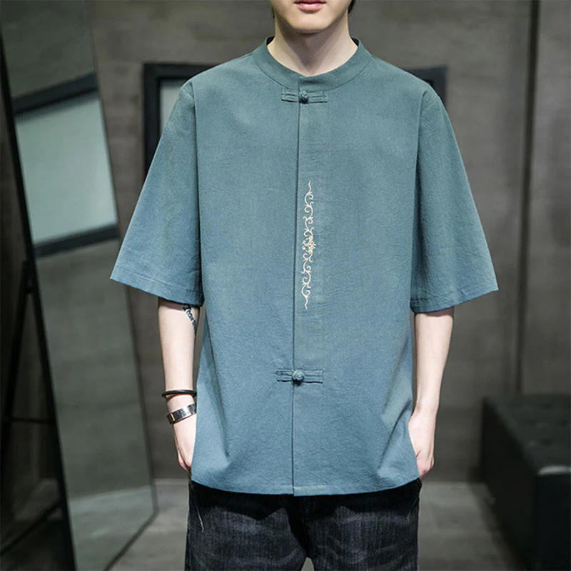 Mocoer Plain Color Frog-Button Embroidery Men's Half Sleeve Cotton Shirt - Mocoer