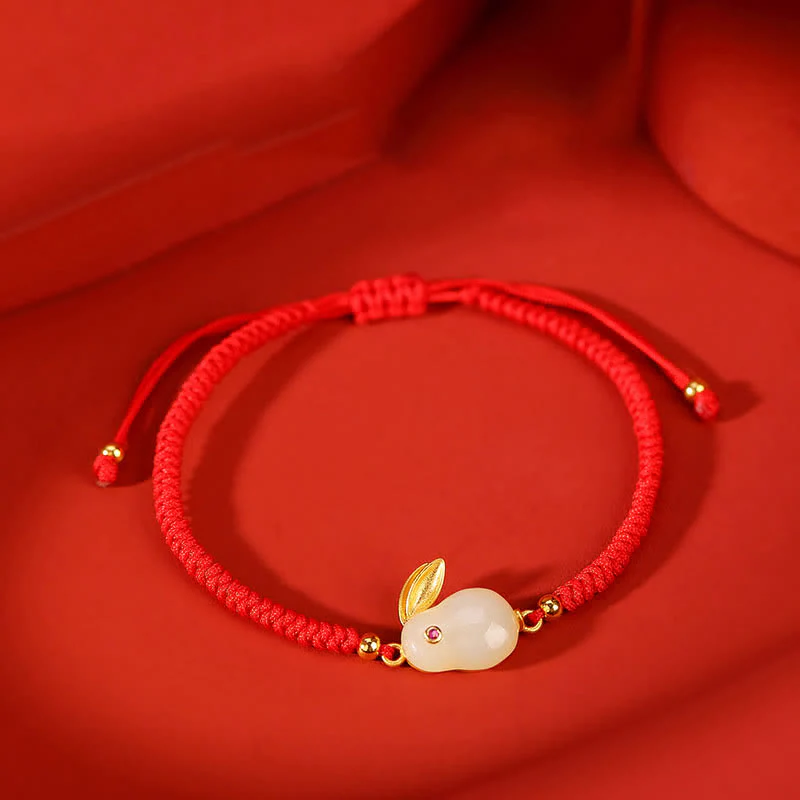 Mocoer 925 Sterling Silver Year of the Rabbit Hetian White Jade Luck Red String Protection Bracelet - Mocoer